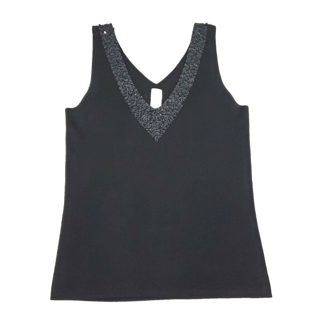Garnet Hill Silk Knit Tank Top Black S Beaded Sequin Y2K Whimsigoth Fairy Grunge